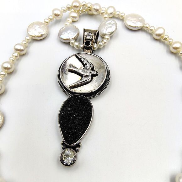Mars And Valentine Sterling 925 Charcoal Druzy Sapphire Pearl Swallow Necklace - Picture 2 of 16